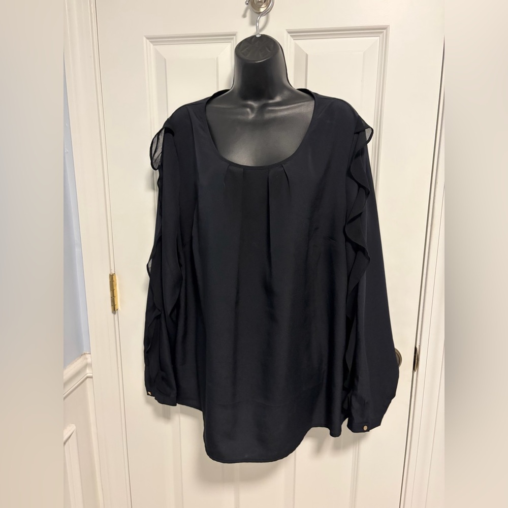 Lane Bryant dressy long sleeve blouse. 2X-18/20. Black. Ruffle along sleeve.